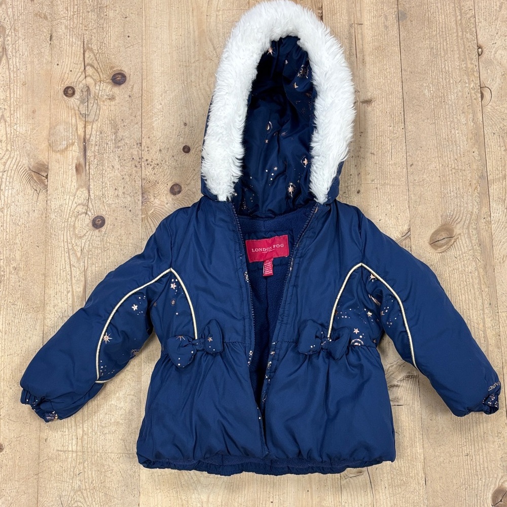 London Fog Navy Puffer Jacket with White Faux Fur Hood